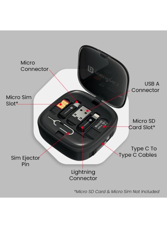بورترونيكس Portronics Snapcase 2 60W Multifunctional Fast Charging Data Cable Kit With Retractable Cable, Conversion Set USB A & Type C to Male Micro/Lightning,Sim Storage,Sim Eject Pin - Image 3